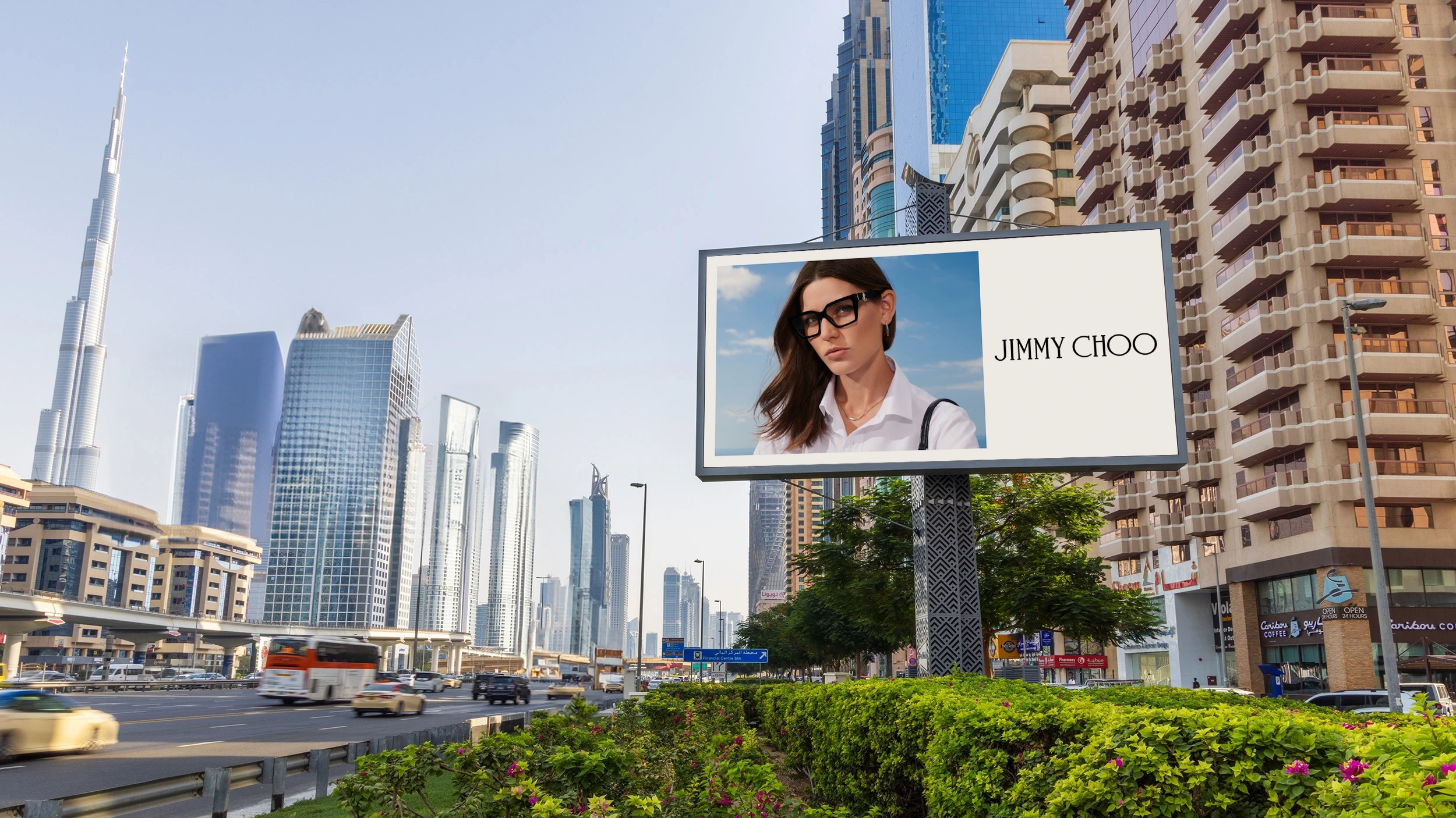 Jimmy Choo billboard next to Sheikh Zayed Road with the Burj Khalifa in the background