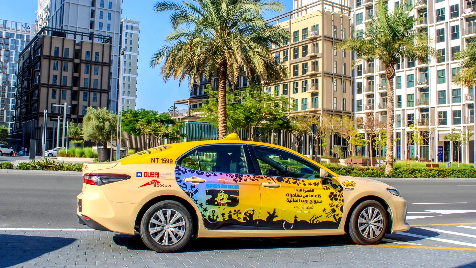 Spongebob’s 25th Anniversary taxi advert adds a playful aspect to a residential street in Dubai